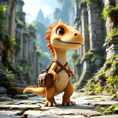 The primary subject of the image is a cartoon dinosaur, specifically a T-Rex, standing on a rocky path. The setting is a forest with a mountainous background. The visual style is digital art, as the dinosaur appears to be a part of a video game or animated film. The colors and mood of the image are vibrant and lively, with the T-Rex being the main focus of the scene.